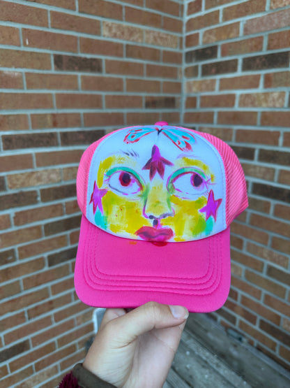 Pink Portrait & Butterfly Hand Painted Hat