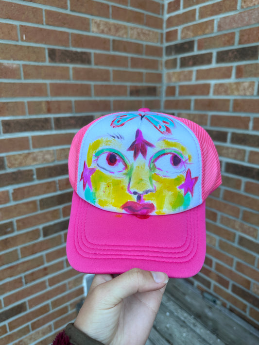 Pink Portrait & Butterfly Hand Painted Hat