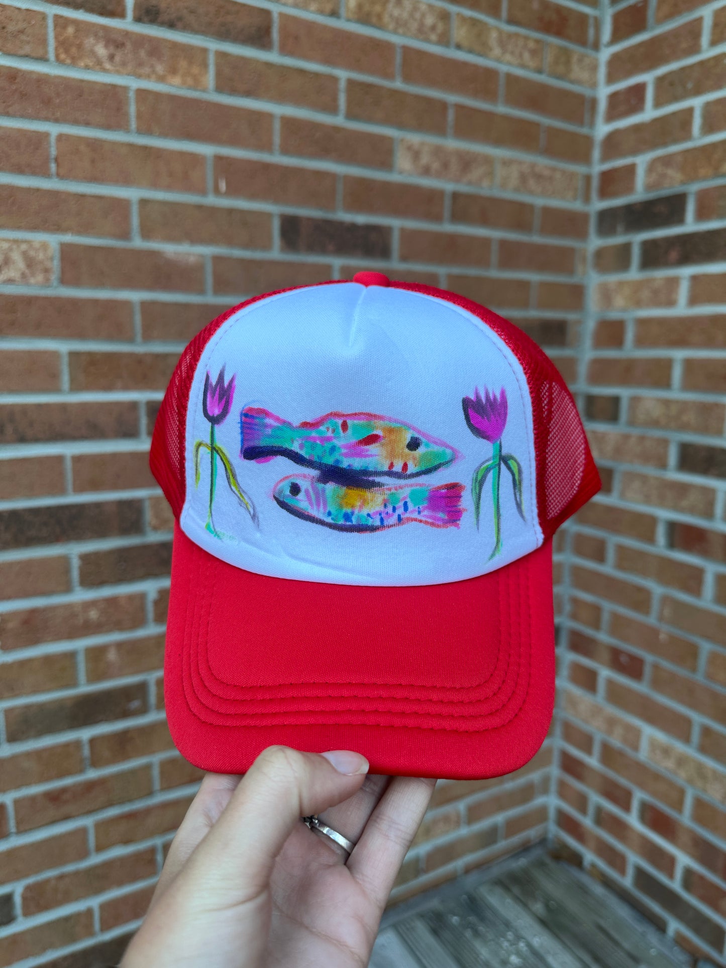 Red Fish & Tulips Hand Painted Hat