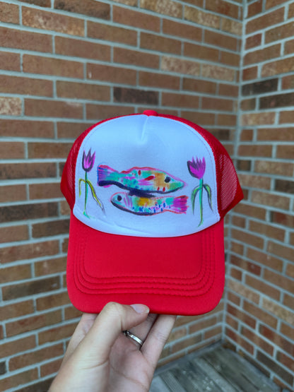 Red Fish & Tulips Hand Painted Hat